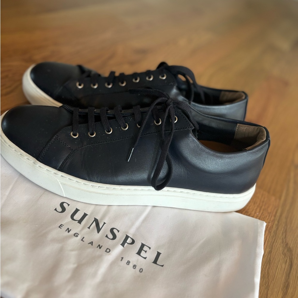 Sunspel Navy Blue Leather Sneakers